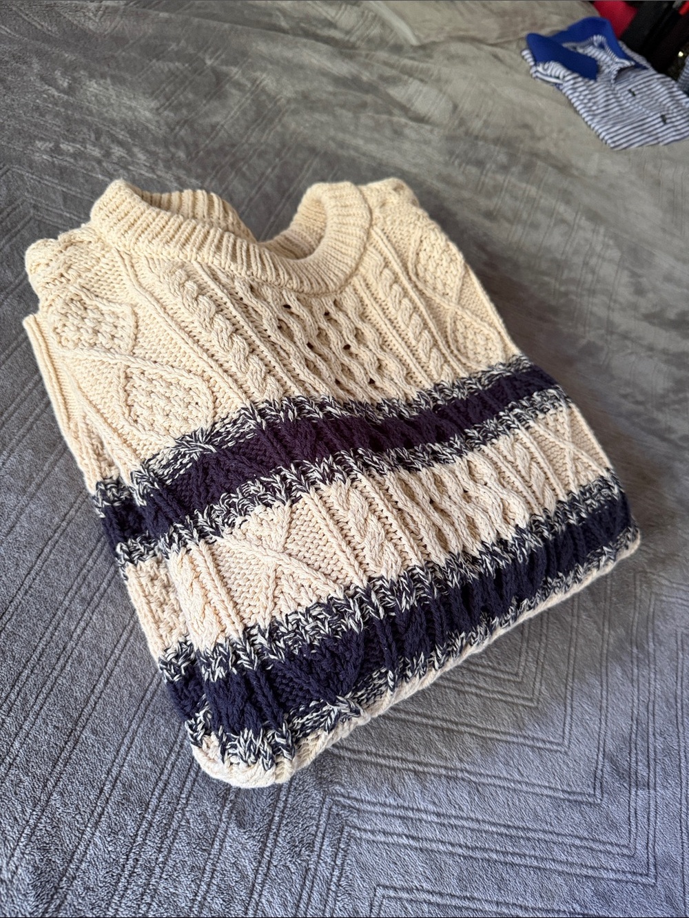 L.L. Bean Signature Cotton Fisherman Cable Knit Sweater Cream Navy Stripe Large - Picture 12 of 12